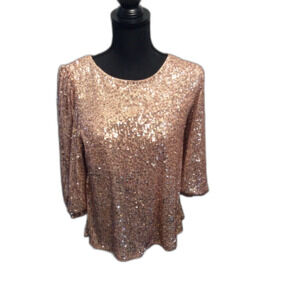 New NWT Cable & Gauge Rose gold Sequined Top Medium M Tie Ribbon Back Stretchy